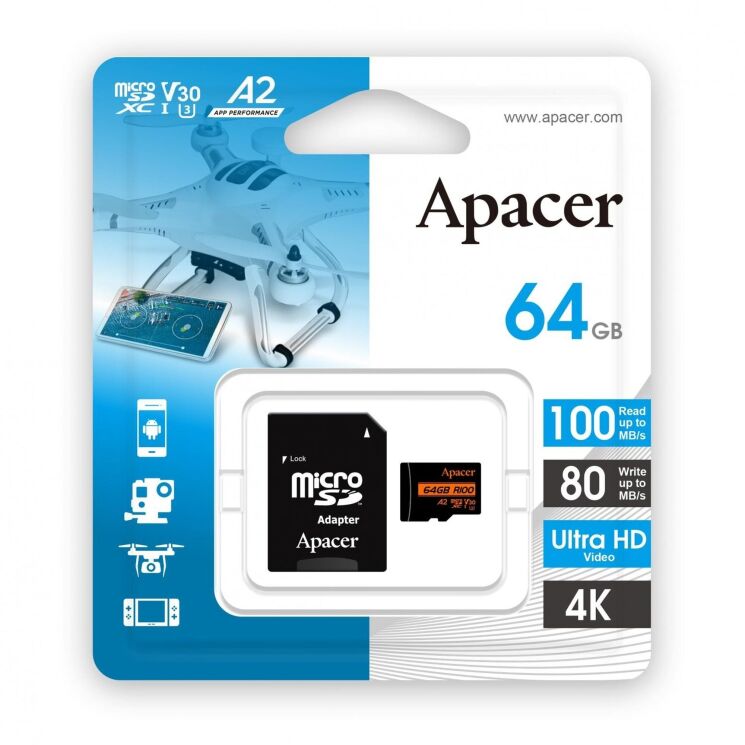 Карта памяти MicroSDXC Apacer 64GB UHS-I U3 V30 A2 + адаптер (AP64GMCSX10U8-R): фото 3 из 10