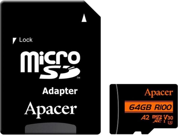 Карта памяти MicroSDXC Apacer 64GB UHS-I U3 V30 A2 + адаптер (AP64GMCSX10U8-R): фото 1 из 10