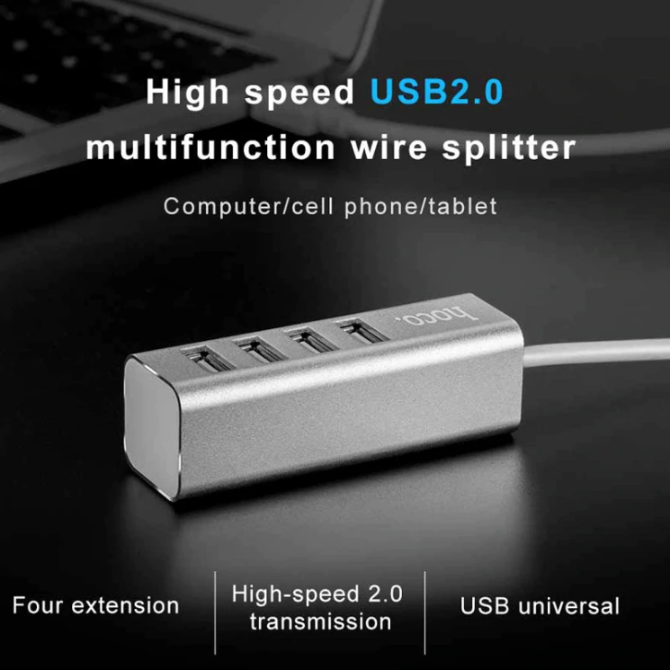 USB HUB Hoco HB1 USB to 4USB 2.0 (1m) - Silver: фото 5 из 8