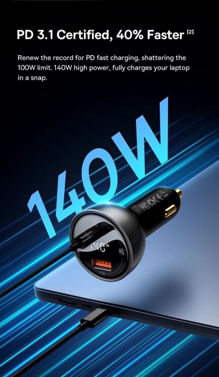 Автомобильное зарядное устройство Baseus Digital Display U+C 140W + кабель Type-C to Type-C (240W, 1m) CGZX070001 - Black: фото 11 из 29