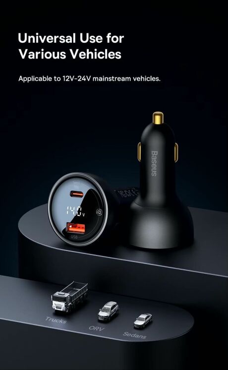 Автомобильное зарядное устройство Baseus Digital Display U+C 140W + кабель Type-C to Type-C (240W, 1m) CGZX070001 - Black: фото 24 из 29