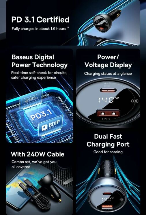 Автомобильное зарядное устройство Baseus Digital Display U+C 140W + кабель Type-C to Type-C (240W, 1m) CGZX070001 - Black: фото 10 из 29