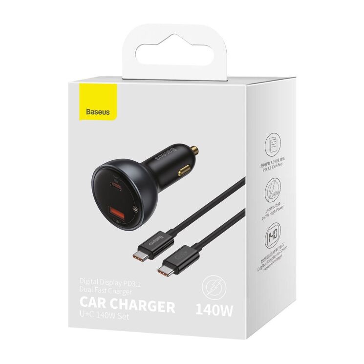Автомобильное зарядное устройство Baseus Digital Display U+C 140W + кабель Type-C to Type-C (240W, 1m) CGZX070001 - Black: фото 7 из 29