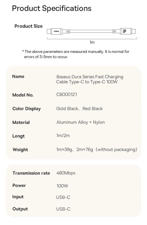 Кабель Baseus Dura Series Type-C to Type-C (100W, 2m) P10377803U01-03 - Black / Red: фото 20 из 21