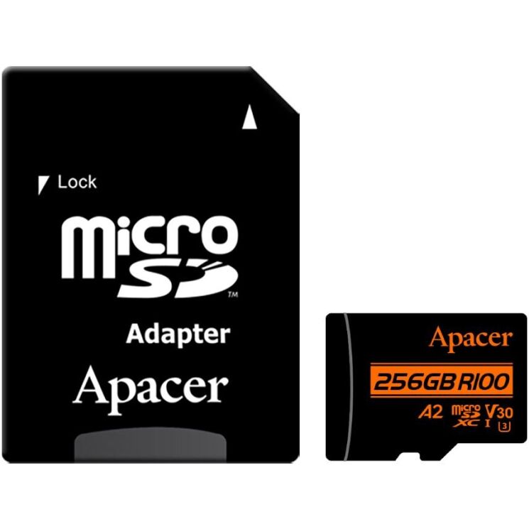 Карта памяти MicroSDXC Apacer 256GB UHS-I U3 V30 A2 + адаптер (AP256GMCSX10U8-R) - Black: фото 1 из 9