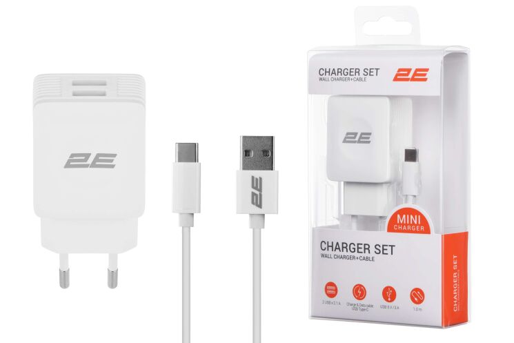 Сетевое зарядное устройство 2Е Wall Charger 12W (2USB, 2.1A) + кабель USB to Type-C (2E-WC1USB2.1A-CC) - White: фото 7 из 7