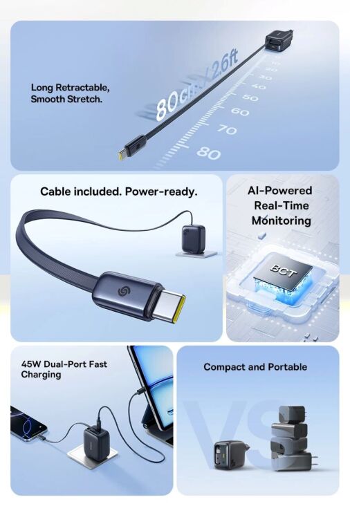 Сетевое зарядное устройство Baseus EnerCore CJ11 2C (45W) + кабель Type-C (E0120G00) - Black: фото 7 из 18