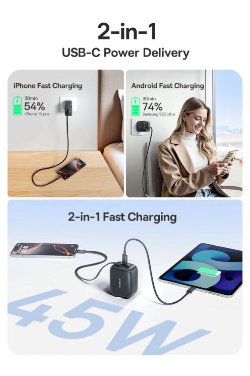 Сетевое зарядное устройство Baseus EnerCore CJ11 2C (45W) + кабель Type-C (E0120G00) - Black: фото 8 из 18