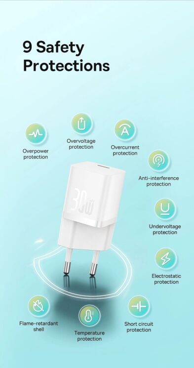 Сетевое зарядное устройство Baseus GaN5S 1C 30W + кабель Type-C to Type-C (100W, 1m) P10110902213-00 - Blue: фото 14 из 18