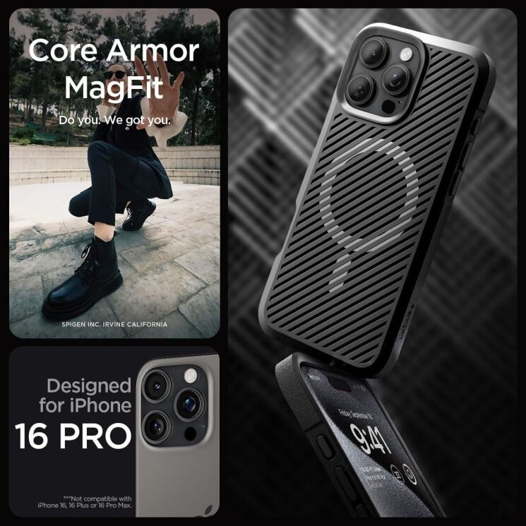 Защитный чехол Spigen (SGP) Core Armor (MagFit) для Apple iPhone 16 Pro - Matte Black: фото 9 из 14