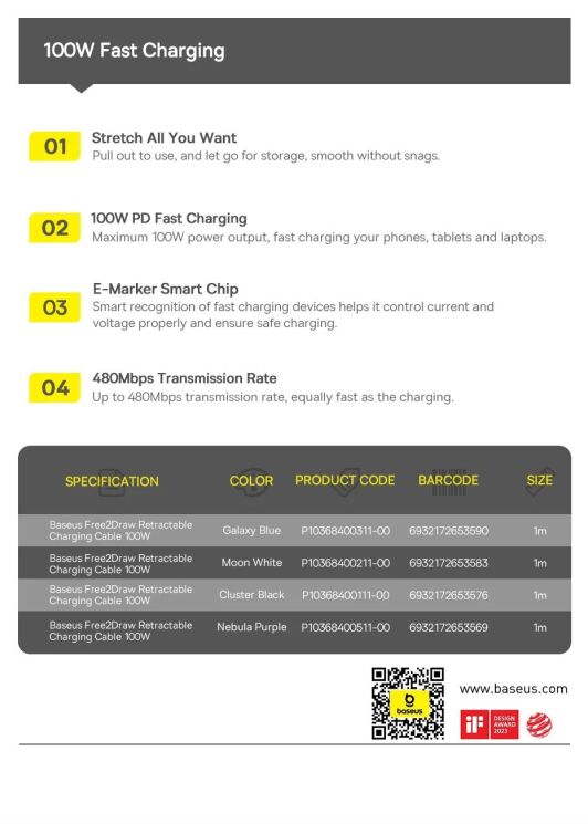 Кабель Baseus Free2Draw Type-C to Type-C (100W, 1m) P10364500211-00 - White: фото 24 з 24