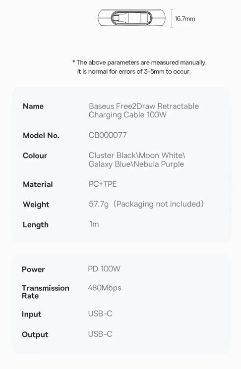 Кабель Baseus Free2Draw Type-C to Type-C (100W, 1m) P10364500211-00 - White: фото 22 з 24