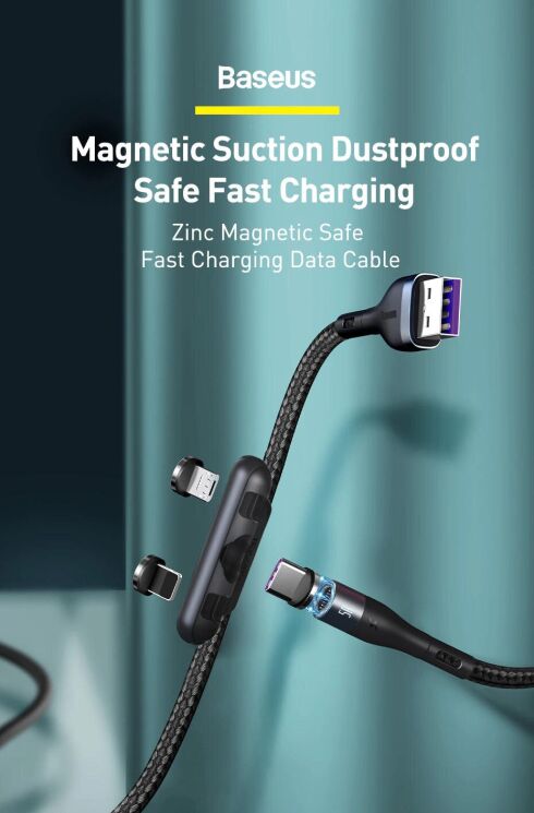 Кабель Baseus Zinc Magnetic USB to Lightning + Micro + Type-C (3A, 1m) CA1T3-AG1 - Gray / Black: фото 7 из 23
