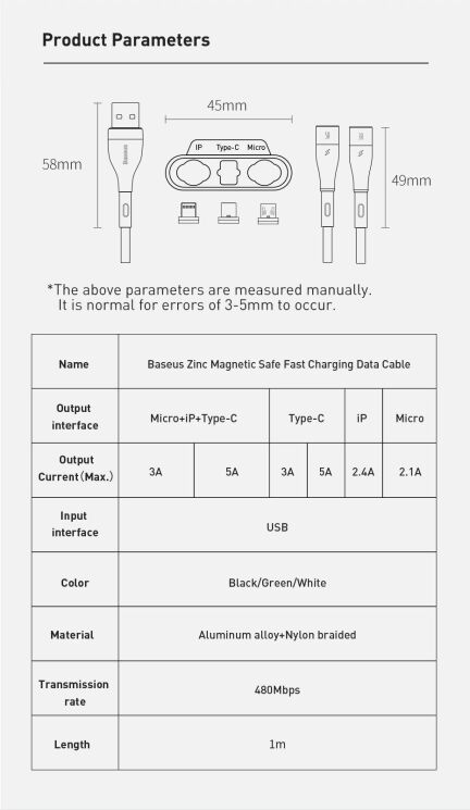 Кабель Baseus Zinc Magnetic USB to Lightning + Micro + Type-C (3A, 1m) CA1T3-AG1 - Gray / Black: фото 21 из 23