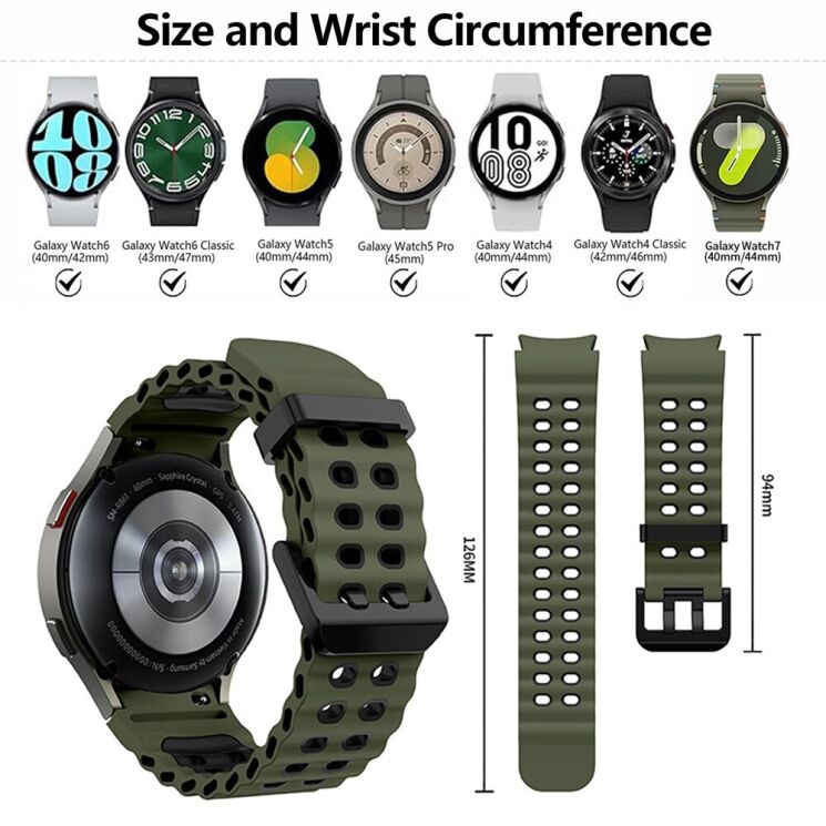 Ремінець KALEBOL Ocean Strap для Samsung Galaxy Watch 4 / 4 Classic / 5 / 5 Pro / 6 / 6 Classic / 7 / FE - Army Green / Black: фото 8 з 9