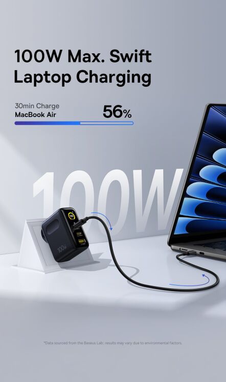 Мережевий зарядний пристрій Baseus PicoGo AE21 2C+U 100W + кабель Type-C to Type-C (E0121B00) - Black: фото 5 з 21