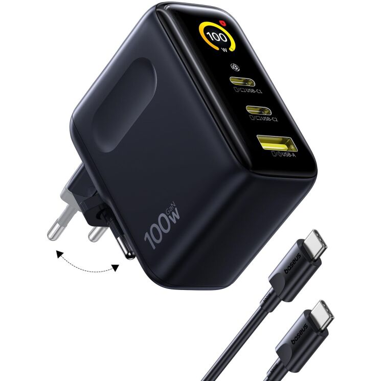Мережевий зарядний пристрій Baseus PicoGo AE21 2C+U 100W + кабель Type-C to Type-C (E0121B00) - Black: фото 1 з 21