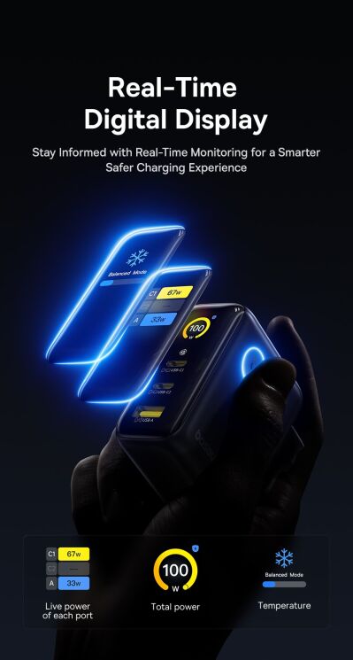 Мережевий зарядний пристрій Baseus PicoGo AE21 2C+U 100W + кабель Type-C to Type-C (E0121B00) - Black: фото 6 з 21