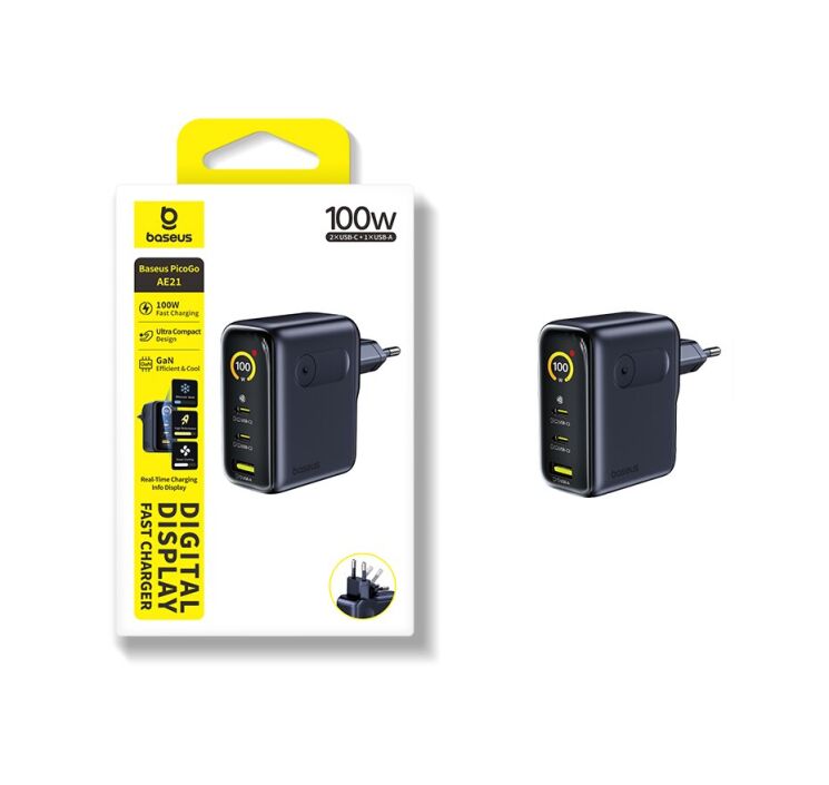 Мережевий зарядний пристрій Baseus PicoGo AE21 2C+U 100W + кабель Type-C to Type-C (E0121B00) - Black: фото 21 з 21
