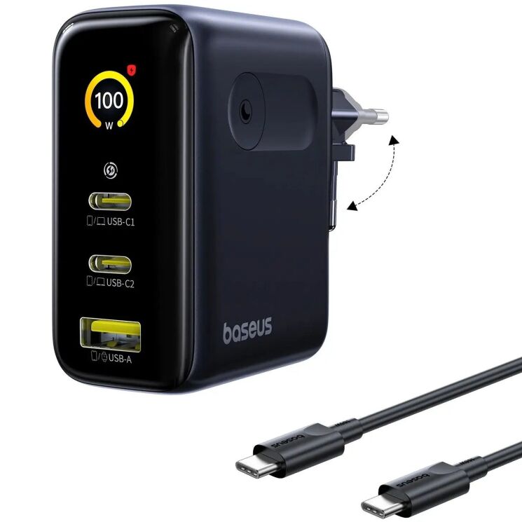Мережевий зарядний пристрій Baseus PicoGo AE21 2C+U 100W + кабель Type-C to Type-C (E0121B00) - Black: фото 2 з 21