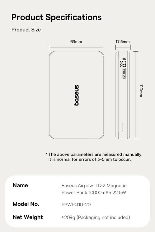 Внешний аккумулятор Baseus Airpow 2 Qi2 22.5W (10000mAh) P10080000123-00 - Black: фото 23 из 27