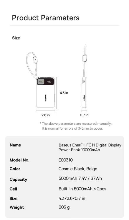 Внешний аккумулятор Baseus EnerFill FC11 45W + кабель Type-C (10000mAh) E00310 - Black: фото 16 из 19