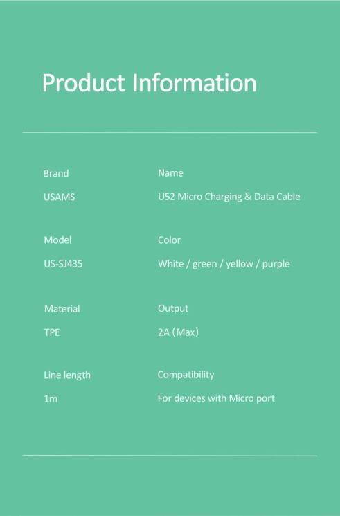 Дата-кабель USAMS US-SJ435 U52 USB to MicroUSB (2.1A, 1m) - Green: фото 17 из 17