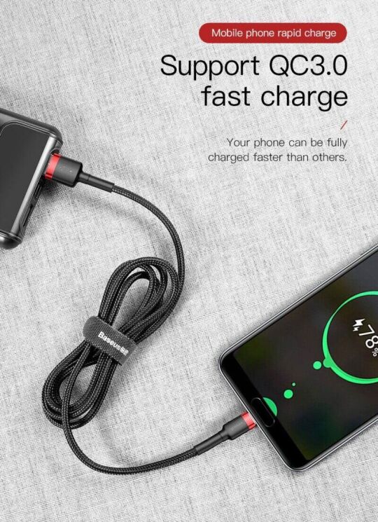 Кабель Baseus Cafule USB to Type-C (3A, 2m) CATKLF-CG1 - Black / Grey: фото 9 з 18