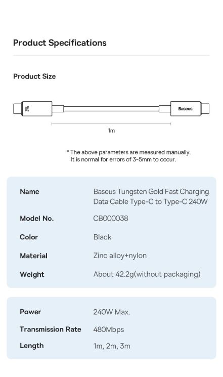 Кабель Baseus Tungsten Gold Type-C to Type-C 240W (3m) CAWJ040201 - Black: фото 15 з 16