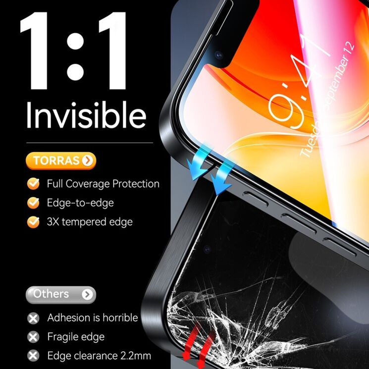 Комплект захисних стекол TORRAS GlassGo Set для Apple iPhone 16e - Black: фото 5 з 12