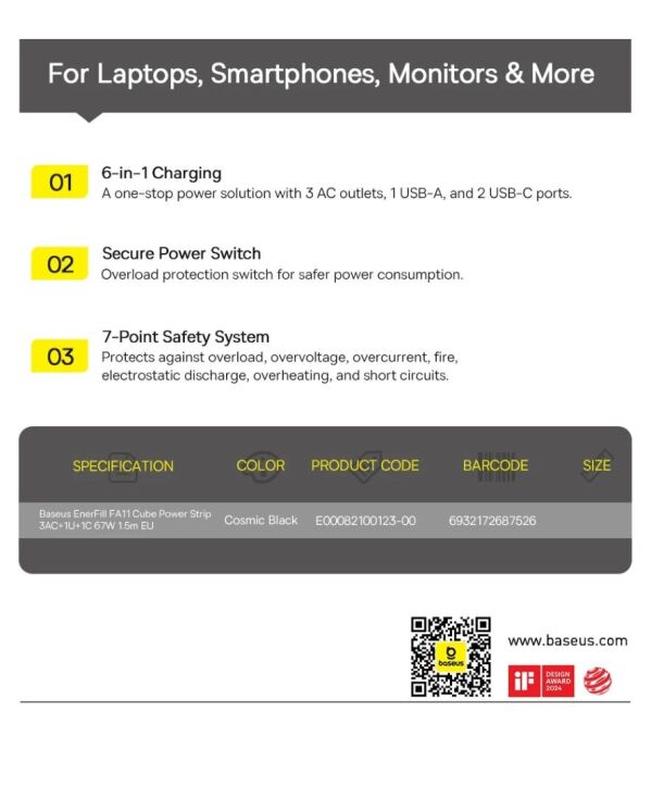 Сетевое зарядное устройство Baseus EnerFill FA11 3AC + 1U + 2C (67W) E00082100123-00 - Black: фото 22 из 22