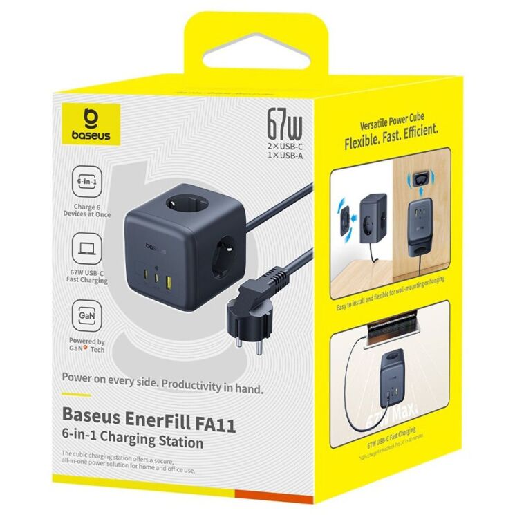 Сетевое зарядное устройство Baseus EnerFill FA11 3AC + 1U + 2C (67W) E00082100123-00 - Black: фото 6 из 22