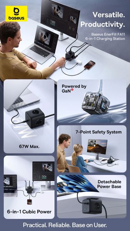 Сетевое зарядное устройство Baseus EnerFill FA11 3AC + 1U + 2C (67W) E00082100123-00 - Black: фото 8 из 22