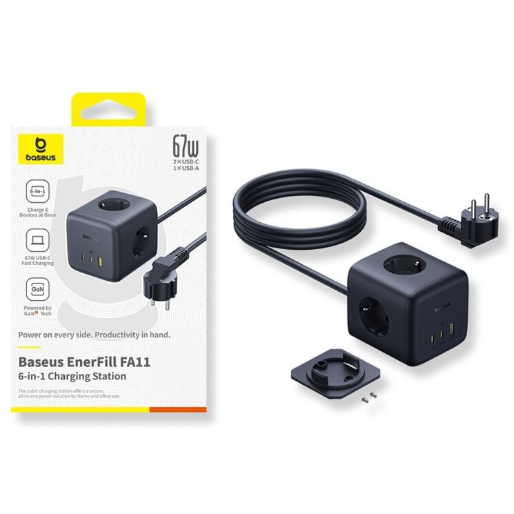 Сетевое зарядное устройство Baseus EnerFill FA11 3AC + 1U + 2C (67W) E00082100123-00 - Black: фото 5 из 22