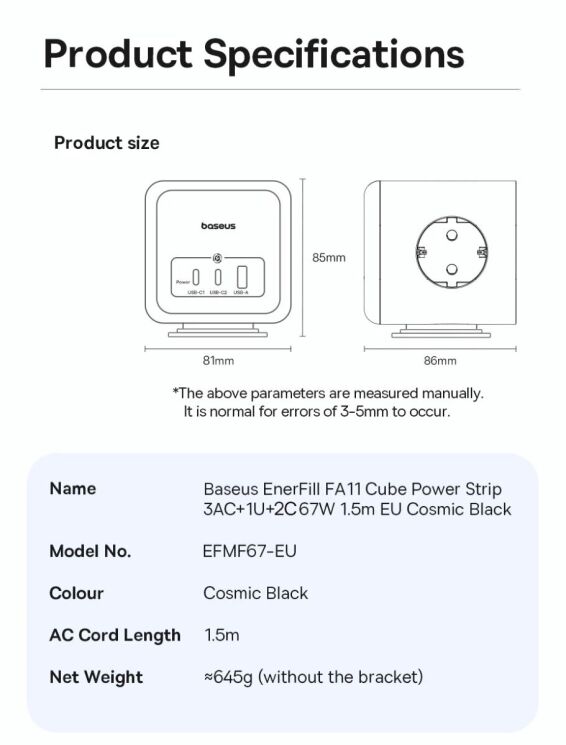 Сетевое зарядное устройство Baseus EnerFill FA11 3AC + 1U + 2C (67W) E00082100123-00 - Black: фото 19 из 22