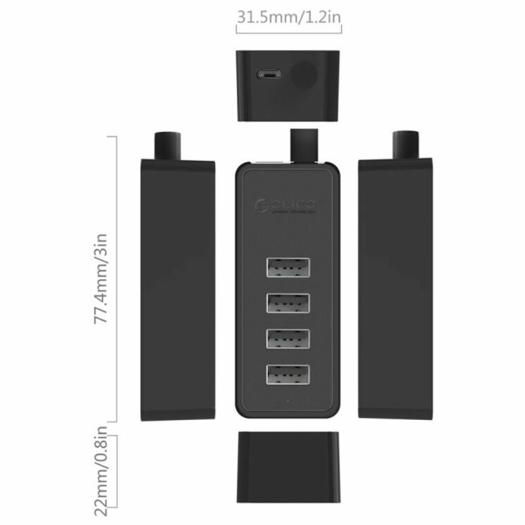 USB HUB ORICO 4USB 2.0 MicroUSB (100cm) - Black: фото 3 из 18