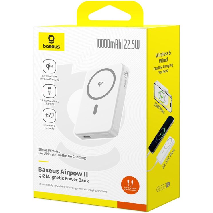 Зовнішній акумулятор Baseus Airpow 2 Qi2 22.5W (10000mAh) P10080000213-00 - White: фото 8 з 27