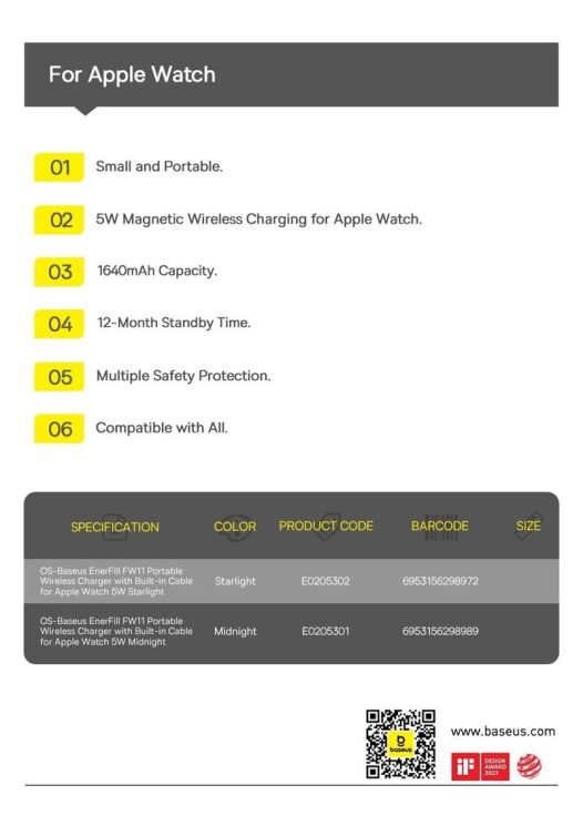 Зовнішній акумулятор Baseus EnerFill FW11 5W (1640mAh) для Apple Watch (E02053) - Midnight: фото 15 з 15