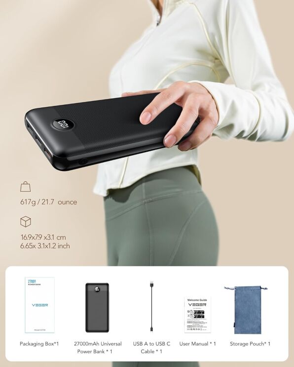 Внешний аккумулятор VEGER V2708 PD20W + QC3.0 (27000mAh) - Black: фото 8 из 8