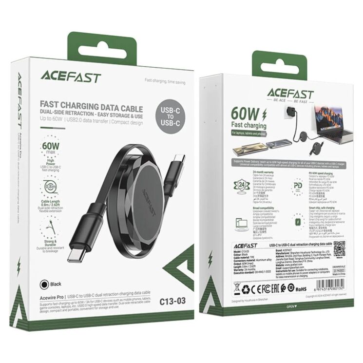 Кабель ACEFAST C13-03 Type-C to Type-C 60W (0.8m) - Black (981966B) Кабель ACEFAST C13-03 Type-C to Type-C 60W (0.8m) - Black: фото 6 из 8