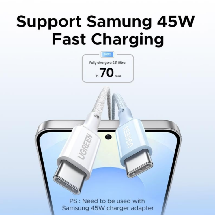 Кабель UGREEN L502 Type-C to Type-C 100W (5A, 2m) - White: фото 4 з 6