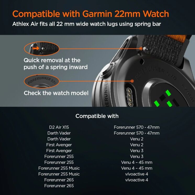Ремінець Spigen Athlex Air для годинників Garmin з кріпленням Quick Fit 22mm (AMP11425) - Black / Orange: фото 9 з 14