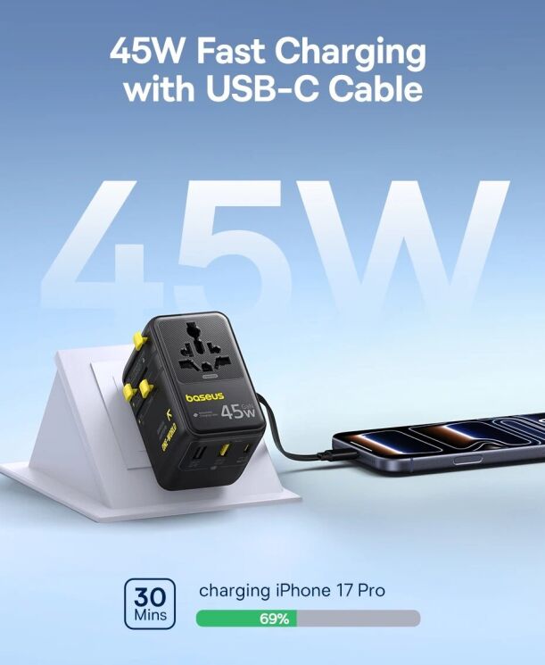 Мережевий зарядний пристрій Baseus PicoGo AG11 (2USB+Type-C+2AC) + кабель Type-C (E0307F) - Cosmic Black: фото 11 з 23