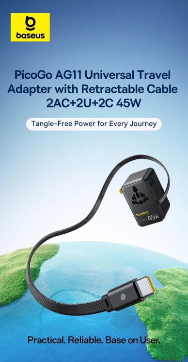 Мережевий зарядний пристрій Baseus PicoGo AG11 (2USB+Type-C+2AC) + кабель Type-C (E0307F) - Cosmic Black: фото 4 з 23