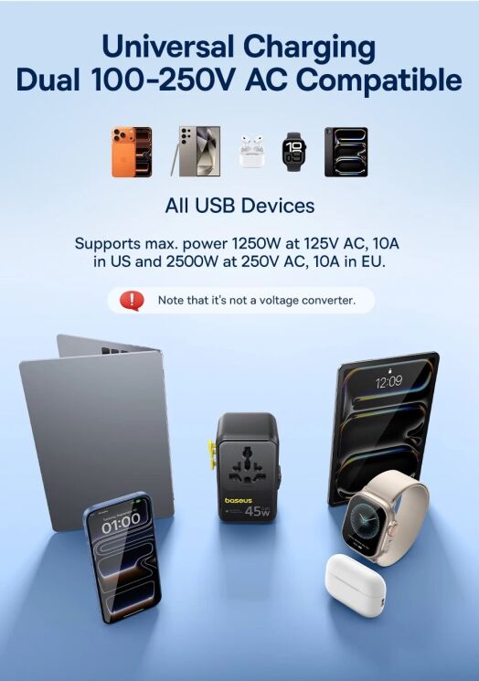 Мережевий зарядний пристрій Baseus PicoGo AG11 (2USB+Type-C+2AC) + кабель Type-C (E0307F) - Cosmic Black: фото 14 з 23