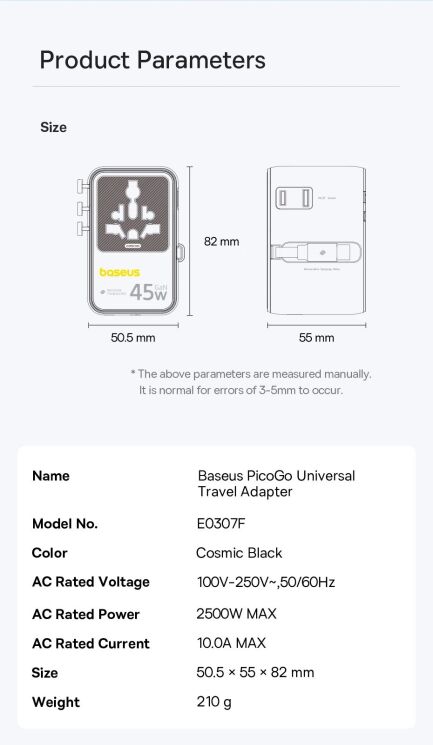 Мережевий зарядний пристрій Baseus PicoGo AG11 (2USB+Type-C+2AC) + кабель Type-C (E0307F) - Cosmic Black: фото 20 з 23