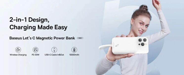 Зовнішній акумулятор Baseus Magnetic Mini 30W (10000mAh) P1002210B223-00 - White: фото 11 з 22