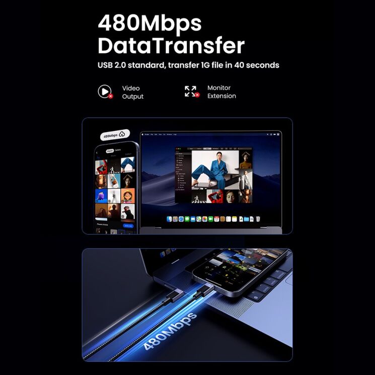 Кабель UGREEN L513 Type-C to Type-C PD240W (5A, 1m) - Space Gray (896513H) Кабель UGREEN L513 Type-C to Type-C PD240W (5A, 1m) - Space Gray: фото 5 из 7