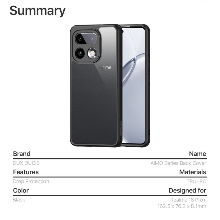 Защитный чехол DUX DUCIS Aimo Series для Realme 16 Pro Plus - Black: фото 11 из 11