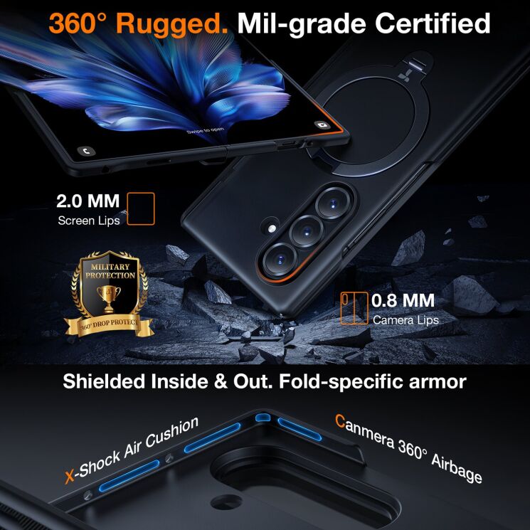 Защитный комплект TORRAS Ostand Q3 Spin MagSafe для Samsung Galaxy Fold 7 - Black: фото 5 из 9